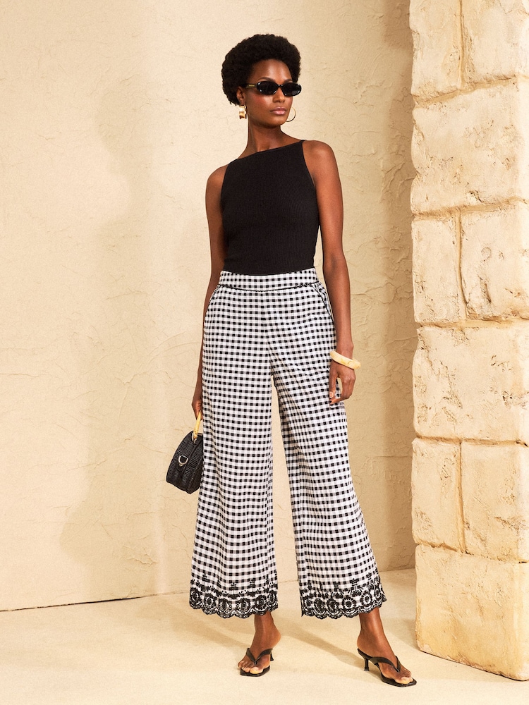 Love & Roses Black Gingham Embroidered Scallop Trim Wide Leg Trousers - Image 2 of 5