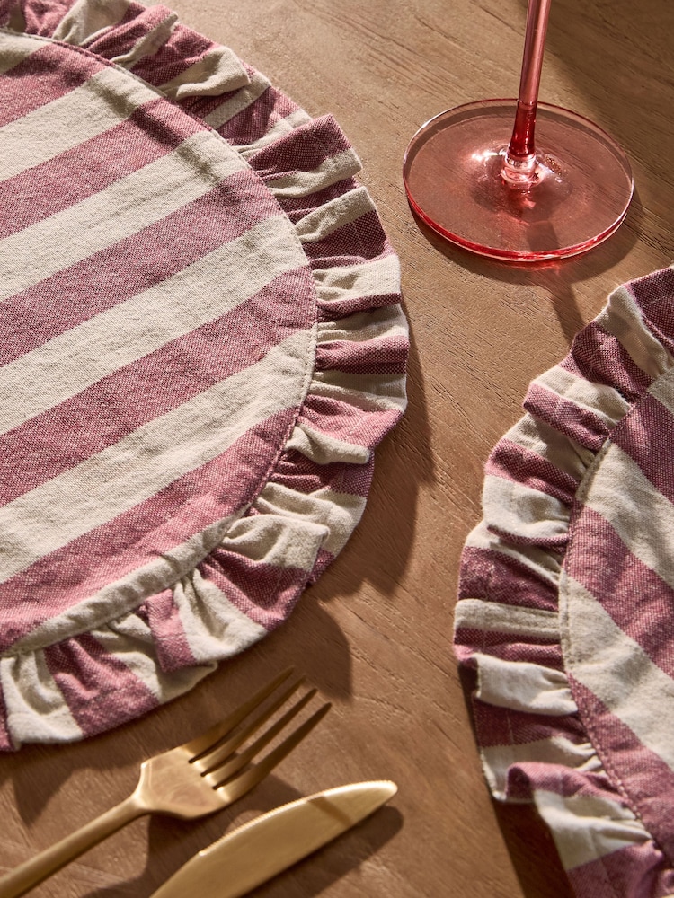Set of 4 Red Stripe Ruffle Fabric Placemats - Image 2 of 4