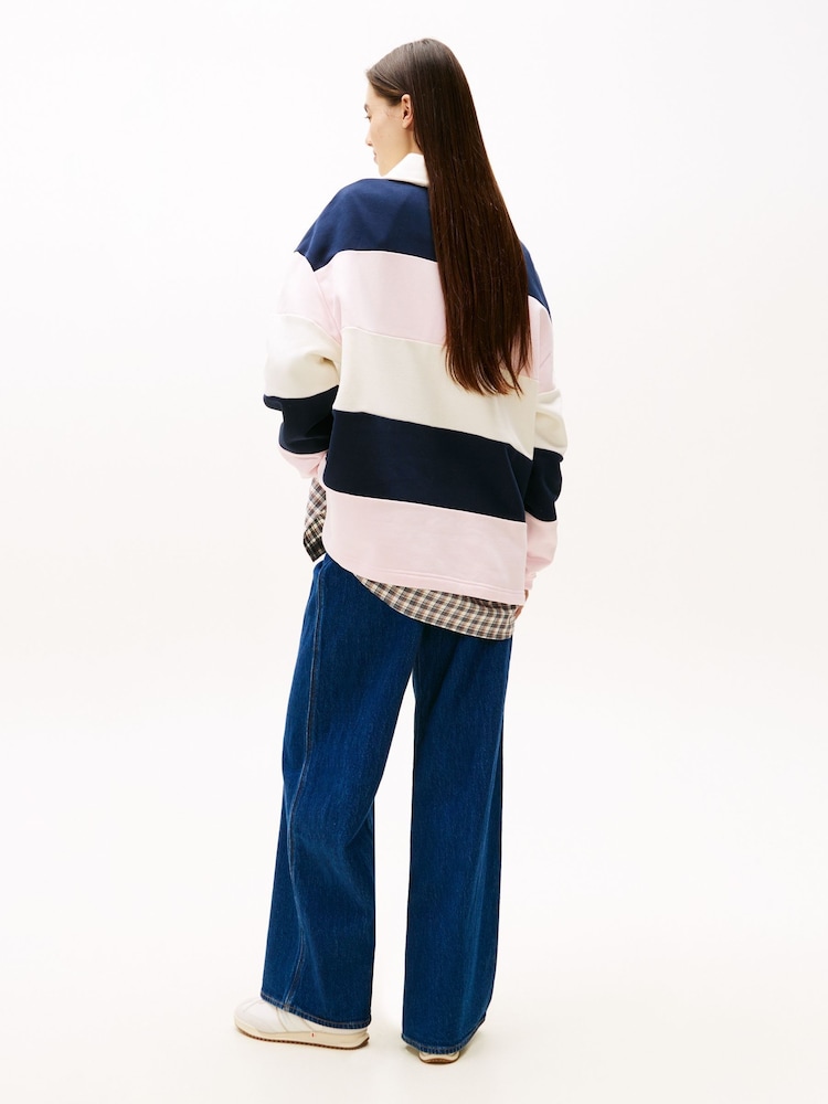 Tommy Jeans Pink Tommy Badge Stripe Oversized Rugby Shirt - Image 2 of 4 Tommy Jeans Pink Tommy Badge Stripe Oversized Rugby Shirt - Image 2 of 4