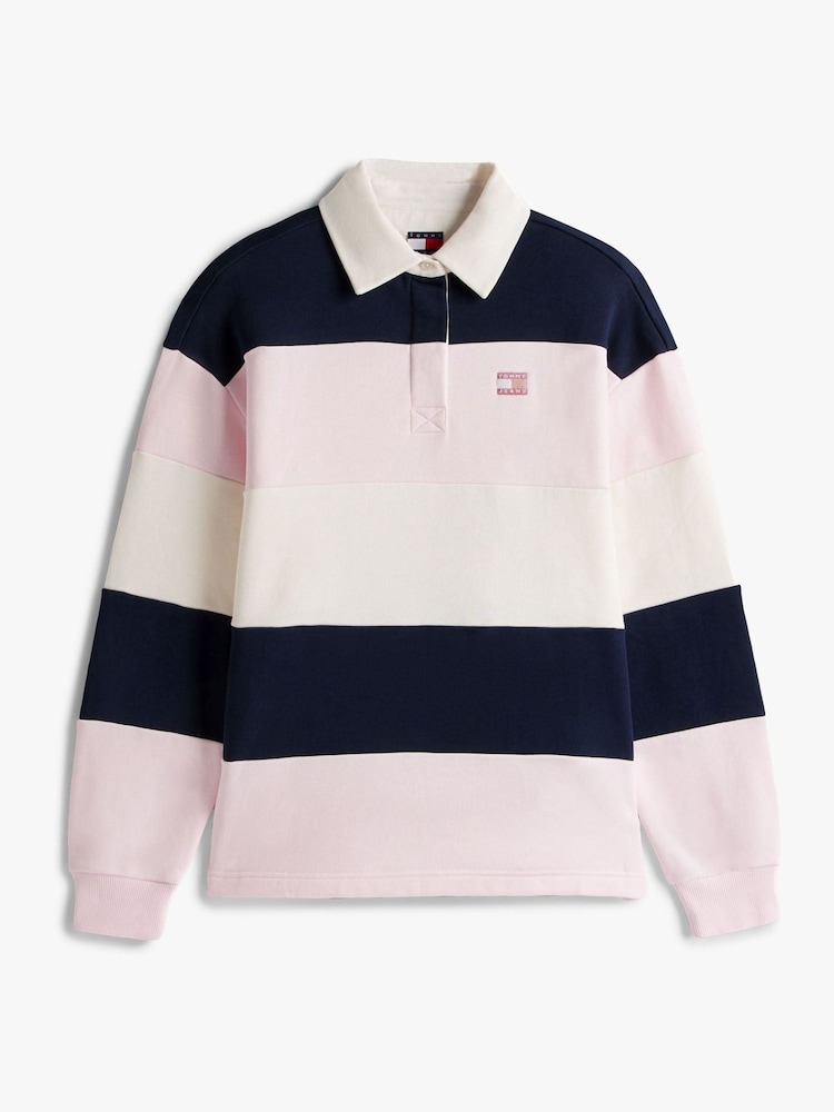 Tommy Jeans Pink Tommy Badge Stripe Oversized Rugby Shirt - Image 4 of 4 Tommy Jeans Pink Tommy Badge Stripe Oversized Rugby Shirt - Image 4 of 4