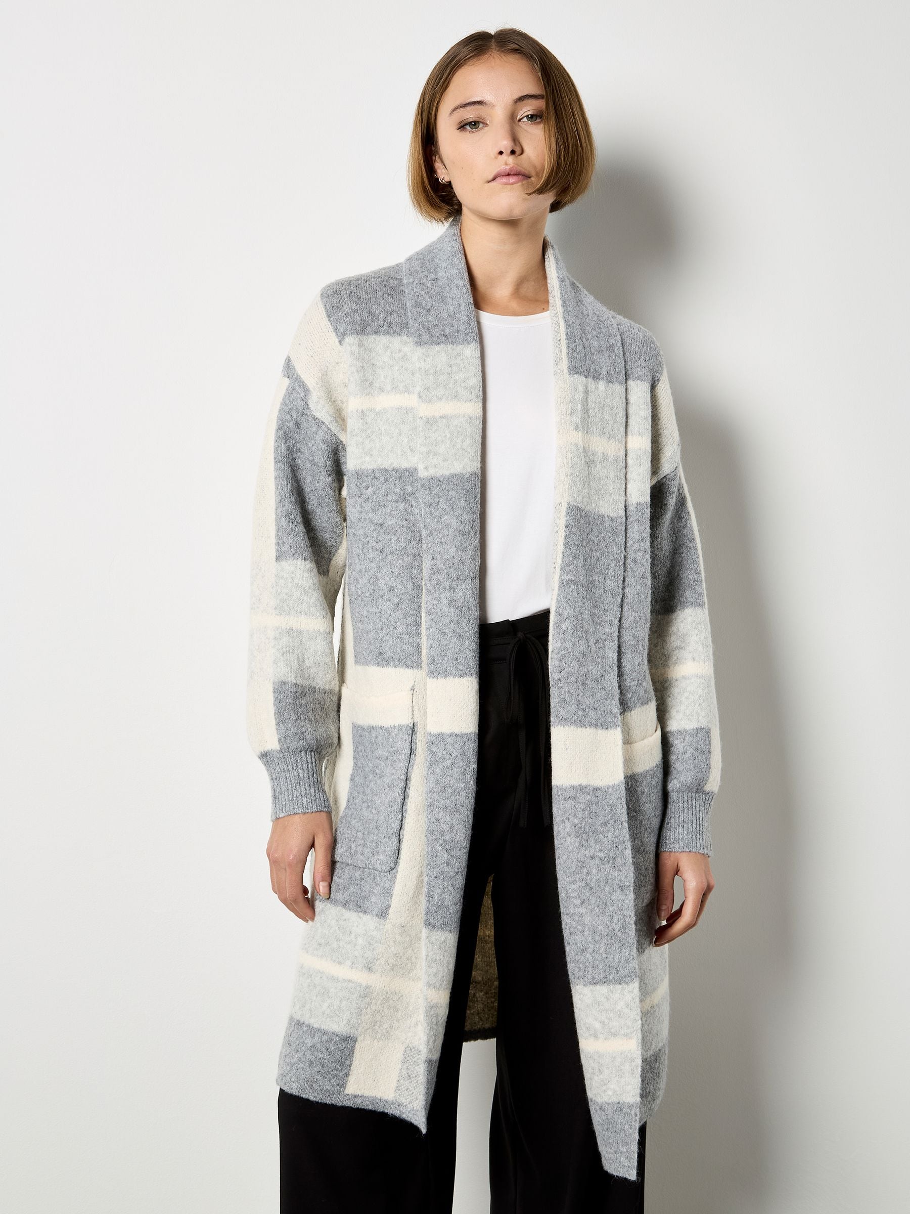 Buy Apricot Silver Rectangular Lines Open Long Cardigan from the