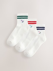 White Floral Embroidered Cushion Sole Ribbed Sport Cropped Ankle Socks 3 Pack With Arch Support - Image 1 of 7