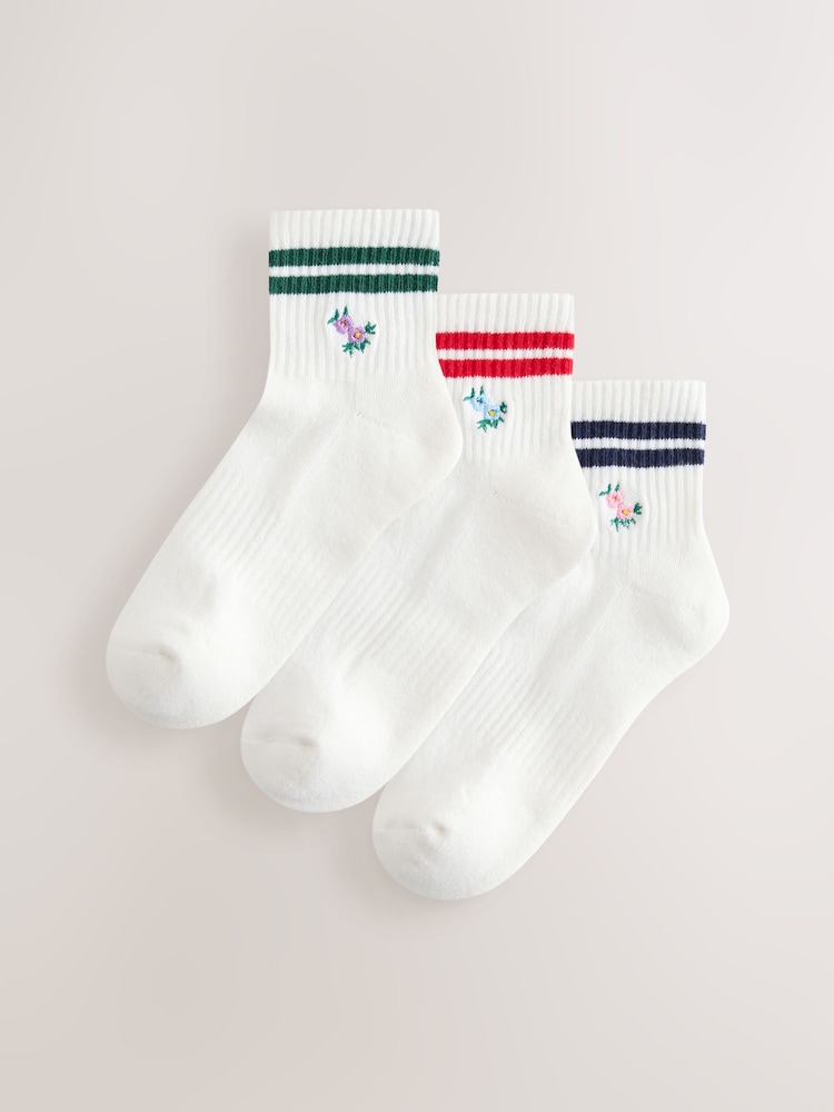 White Floral Embroidered Cushion Sole Ribbed Sport Cropped Ankle Socks 3 Pack With Arch Support - Image 1 of 7