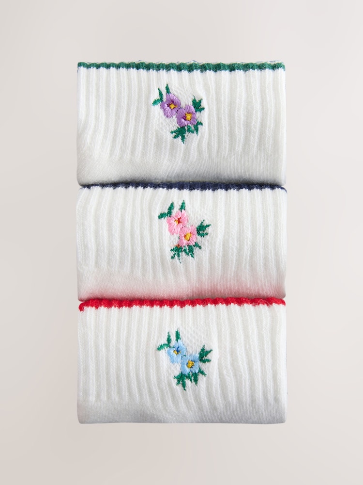 White Floral Embroidered Cushion Sole Ribbed Sport Cropped Ankle Socks 3 Pack With Arch Support - Image 2 of 7