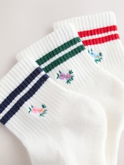White Floral Embroidered Cushion Sole Ribbed Sport Cropped Ankle Socks 3 Pack With Arch Support - Image 6 of 7