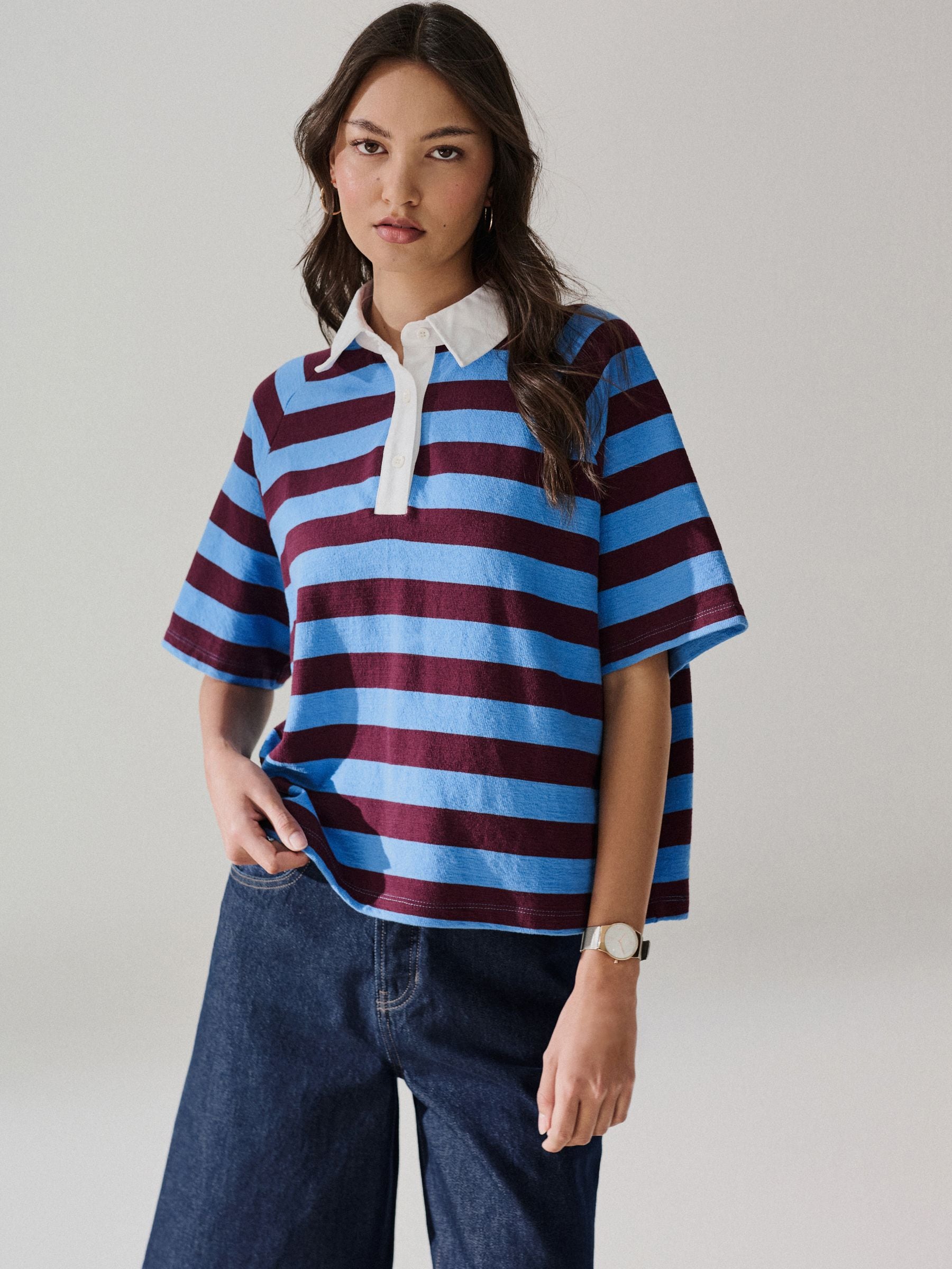 Buy Blue/Brown Stripe Short Sleeve Collared Rugby Polo Top from