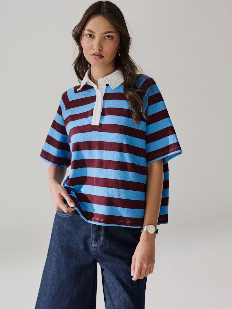 Blue/Brown Stripe Short Sleeve Collared Rugby Polo Top - Image 1 of 4