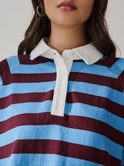 Blue/Brown Stripe Short Sleeve Collared Rugby Polo Top - Image 4 of 4