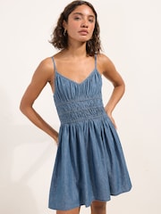 Friends Like These Mid Wash Petite Shirred Chambray Denim Cami Mini Dress - Image 3 of 4