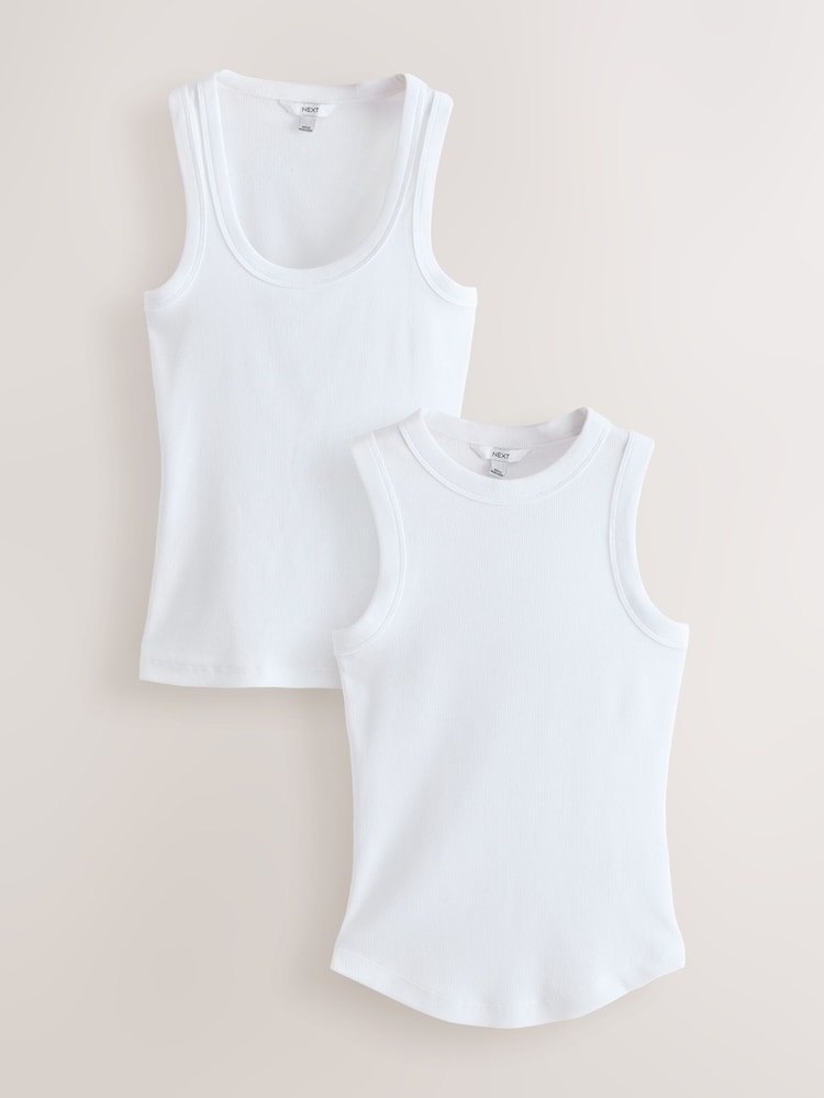 White Ribbed Racer Tank Vest Sleeveless Top - Image 1 of 9