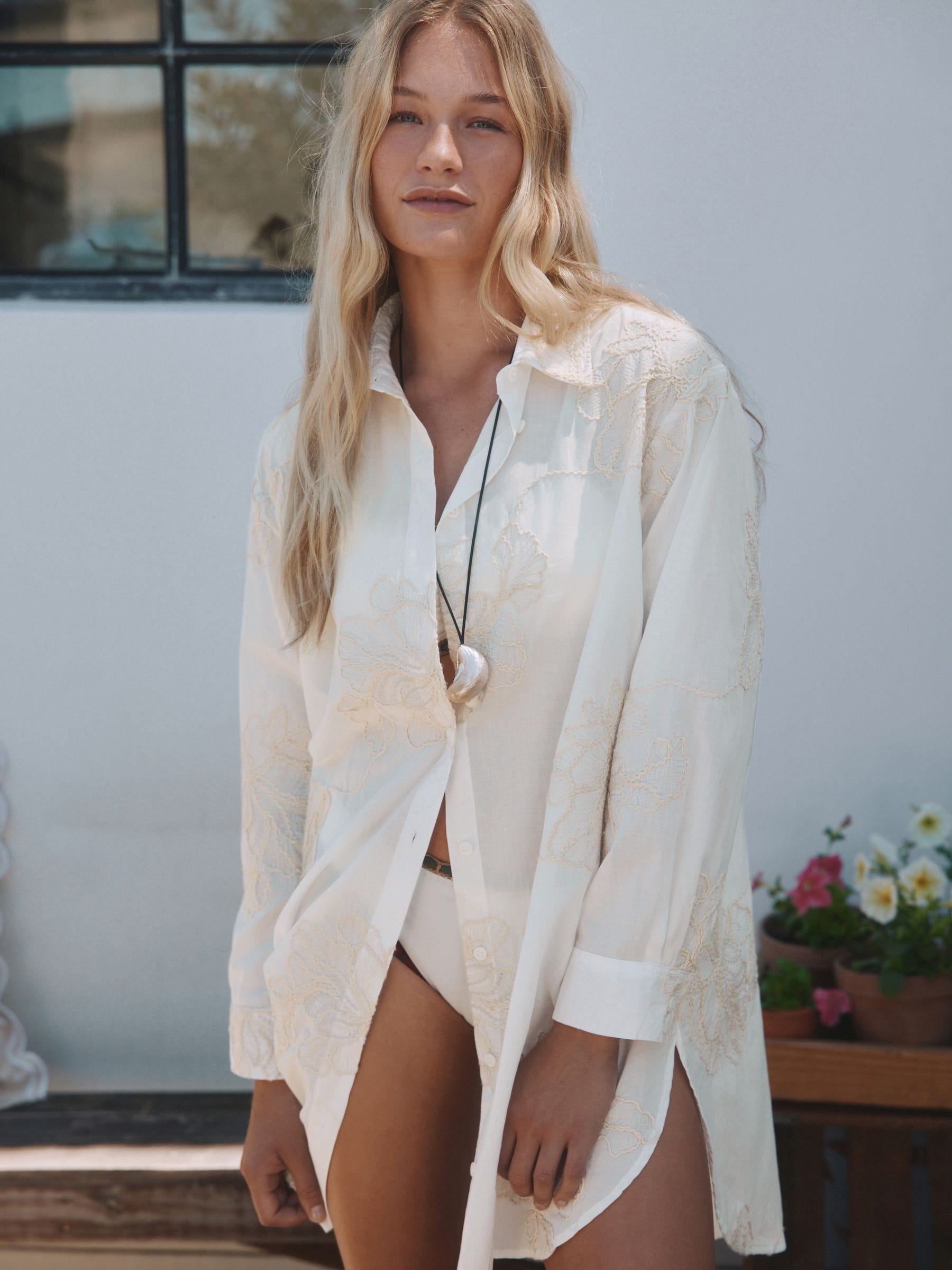 Buy Ecru Foral Embroidered Beach Shirt from the Next UK online shop