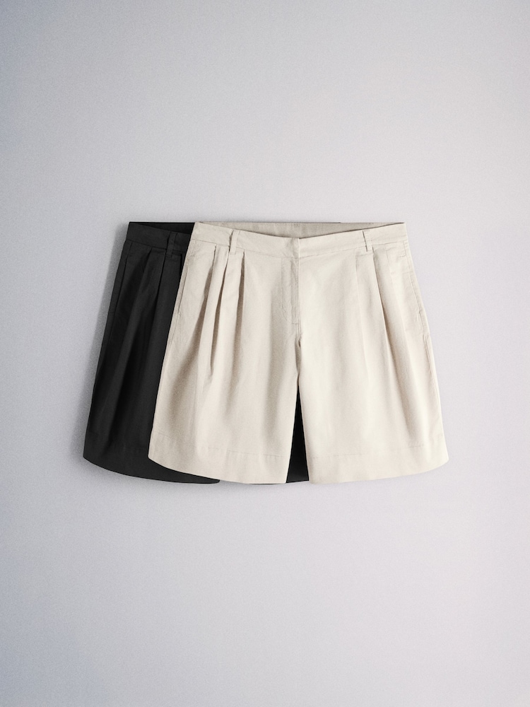 The Set 2 Pack Pleated Front High Waisted Chino Shorts Black/Sand Brown - Image 2 of 9