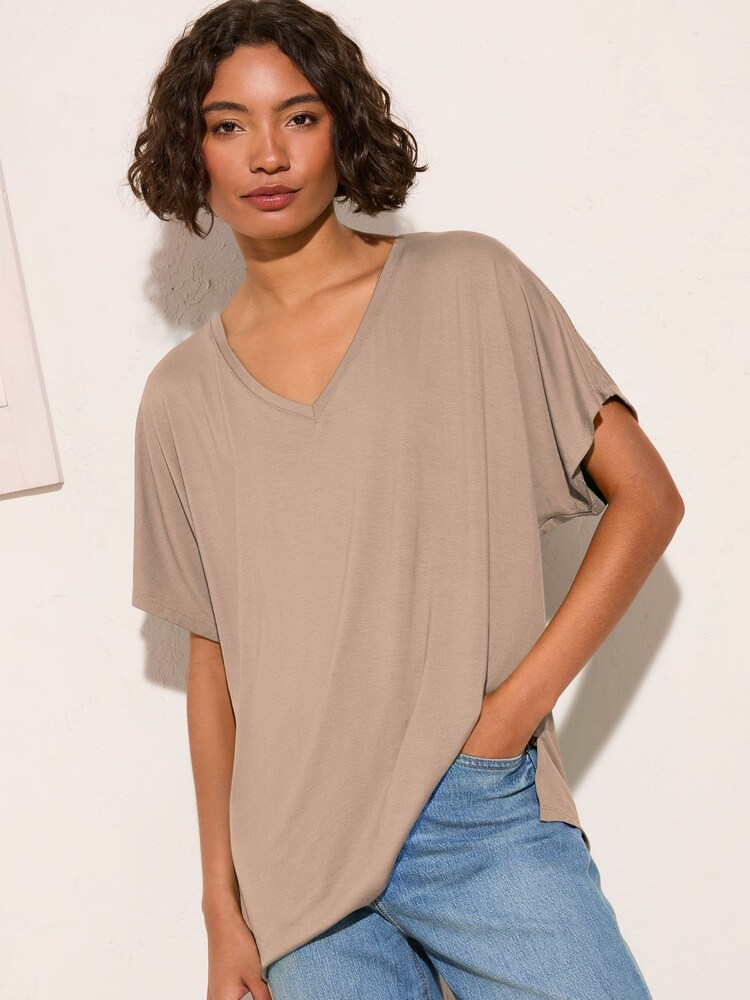 Friends Like These Taupe Short Sleeve Tunic - Image 1 of 4 Friends Like These Taupe Short Sleeve Tunic - Image 1 of 4