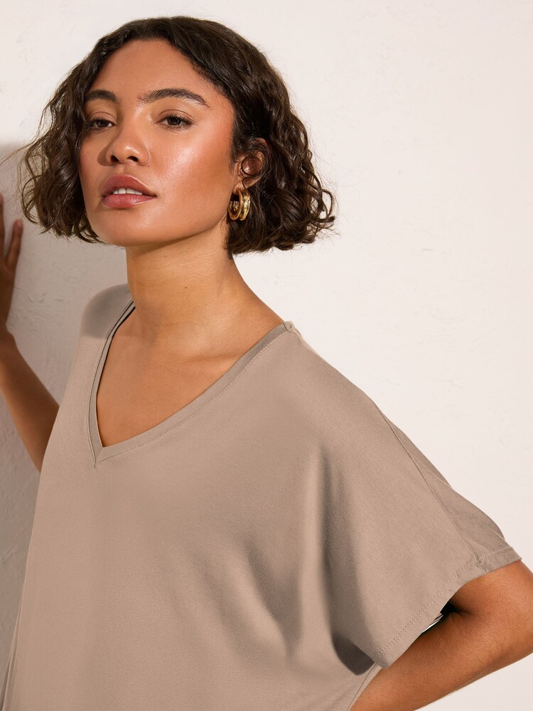 Friends Like These Taupe Short Sleeve Tunic - Image 2 of 4 Friends Like These Taupe Short Sleeve Tunic - Image 2 of 4