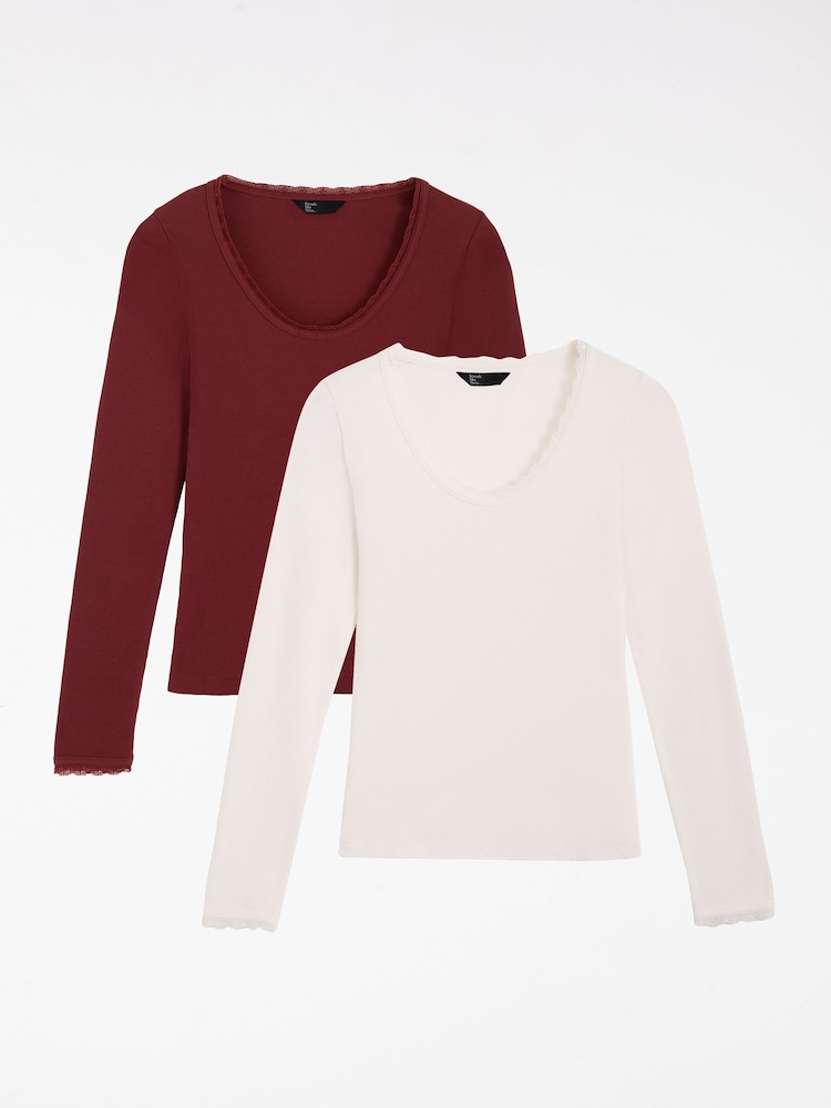 Friends Like These Burgundy and Ivory Lace Trim Scoop Neck Tops 2 Pack - Image 1 of 4