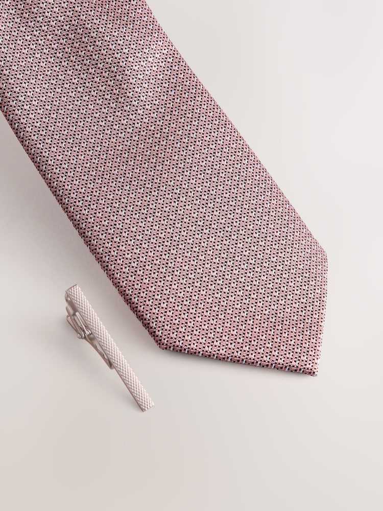 Pink Textured Tie with Tie Clip - Image 2 of 3