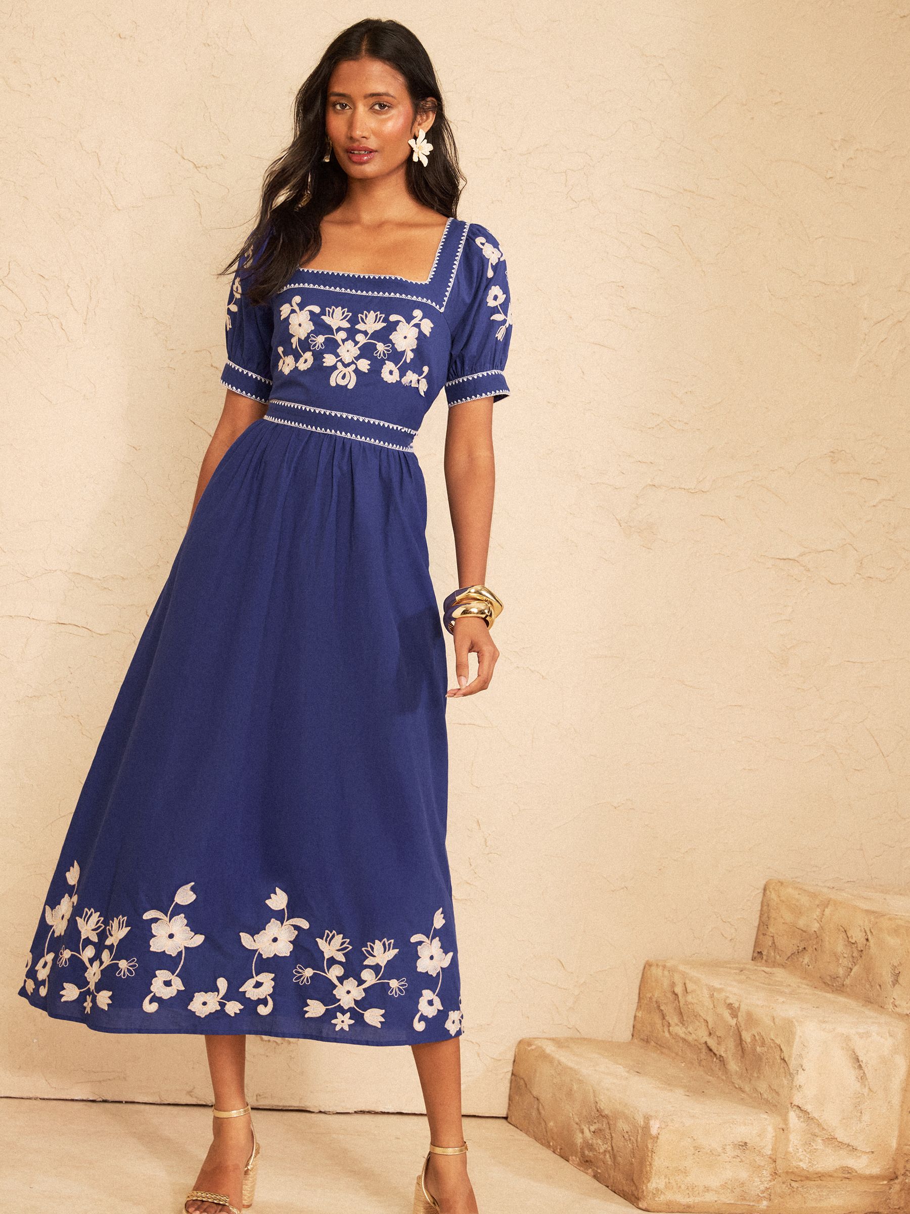 Buy Love & Roses Cobalt Blue Floral Embroidered Puff Sleeve Midi