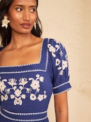 Love & Roses Cobalt Blue Floral Embroidered Puff Sleeve Midi Dress - Image 2 of 5