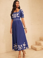 Love & Roses Cobalt Blue Floral Embroidered Puff Sleeve Midi Dress - Image 3 of 5