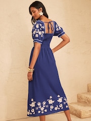 Love & Roses Cobalt Blue Floral Embroidered Puff Sleeve Midi Dress - Image 4 of 5