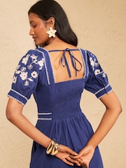Love & Roses Cobalt Blue Floral Embroidered Puff Sleeve Midi Dress - Image 5 of 5