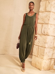 Love & Roses Khaki Green Cuffed Leg Belted Jersey Jumpsuit - Image 1 of 4