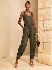 Love & Roses Khaki Green Cuffed Leg Belted Jersey Jumpsuit - Image 3 of 4