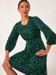 Roman Green Animal Print A-Line Gathered Dress - Image 2 of 5