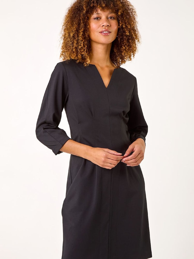 Roman Black Ponte Notch Neck Stretch Dress - Image 1 of 5 Roman Black Ponte Notch Neck Stretch Dress - Image 1 of 5