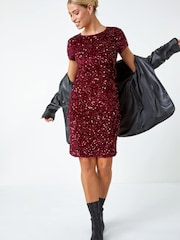 Roman Metallic Velvet Sequin Embellished Shift Dress - Image 2 of 5