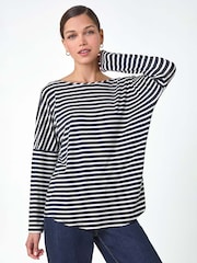 Roman Black Relaxed Stripe Print Long Sleeve Stretch T-Shirt - Image 1 of 5