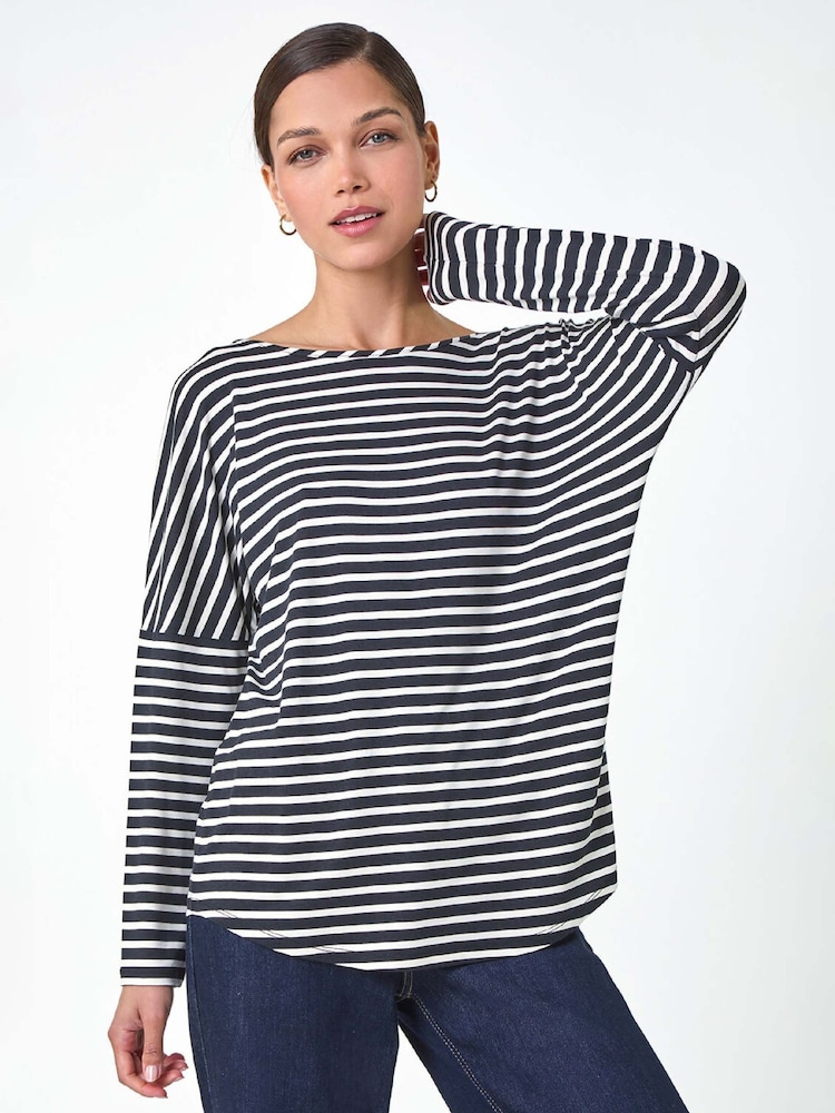 Roman Black Relaxed Stripe Print Long Sleeve Stretch T-Shirt - Image 1 of 5 Roman Black Relaxed Stripe Print Long Sleeve Stretch T-Shirt - Image 1 of 5