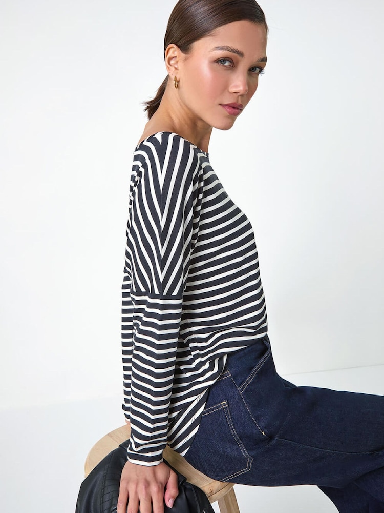 Roman Black Relaxed Stripe Print Long Sleeve Stretch T-Shirt - Image 2 of 5 Roman Black Relaxed Stripe Print Long Sleeve Stretch T-Shirt - Image 2 of 5