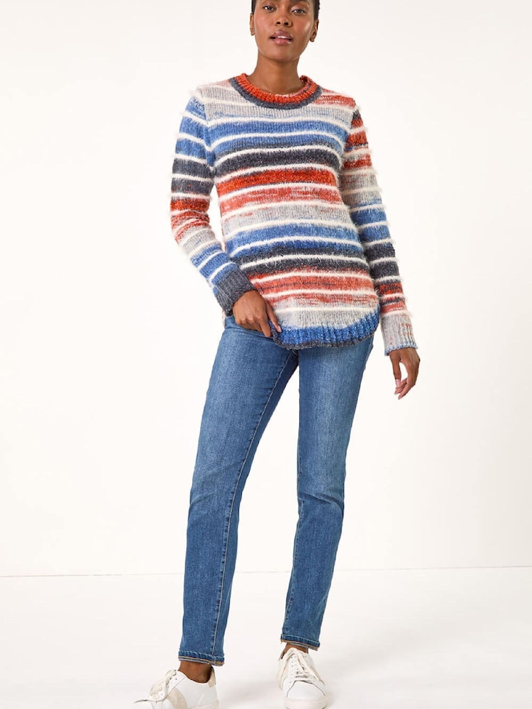 Roman Blue Fluffy Striped Curve Hem Jumper - Image 2 of 5 Roman Blue Fluffy Striped Curve Hem Jumper - Image 2 of 5
