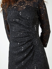 Roman Black Sequin Lace Overlay Ruched Dress - Image 5 of 5