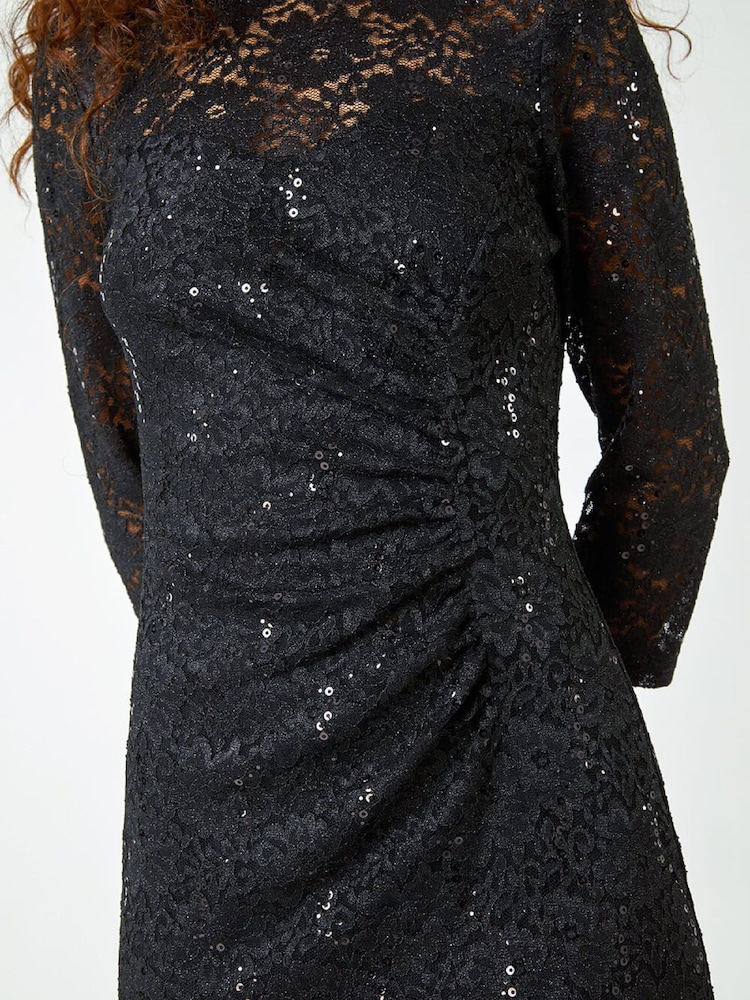 Roman Black Sequin Lace Overlay Ruched Dress - Image 5 of 5
