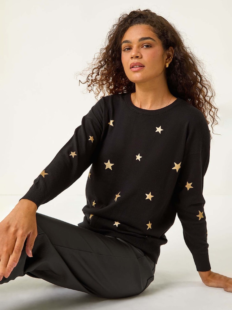 Roman Black Star Glitter Print Knit Jumper - Image 1 of 5 Roman Black Star Glitter Print Knit Jumper - Image 1 of 5