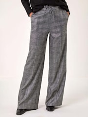 Roman Grey Check Print Tie Front Wide Leg Trousers - Image 1 of 5