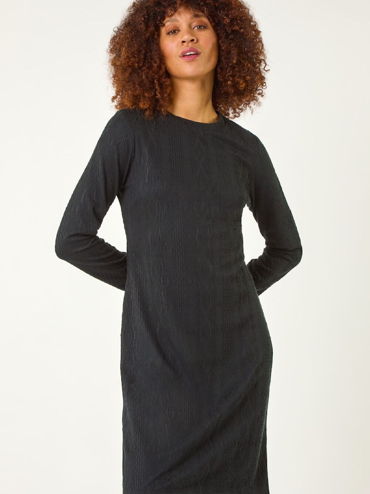 Roman Black Cable Knit Textured Dress - Image 1 of 5 Roman Black Cable Knit Textured Dress - Image 1 of 5