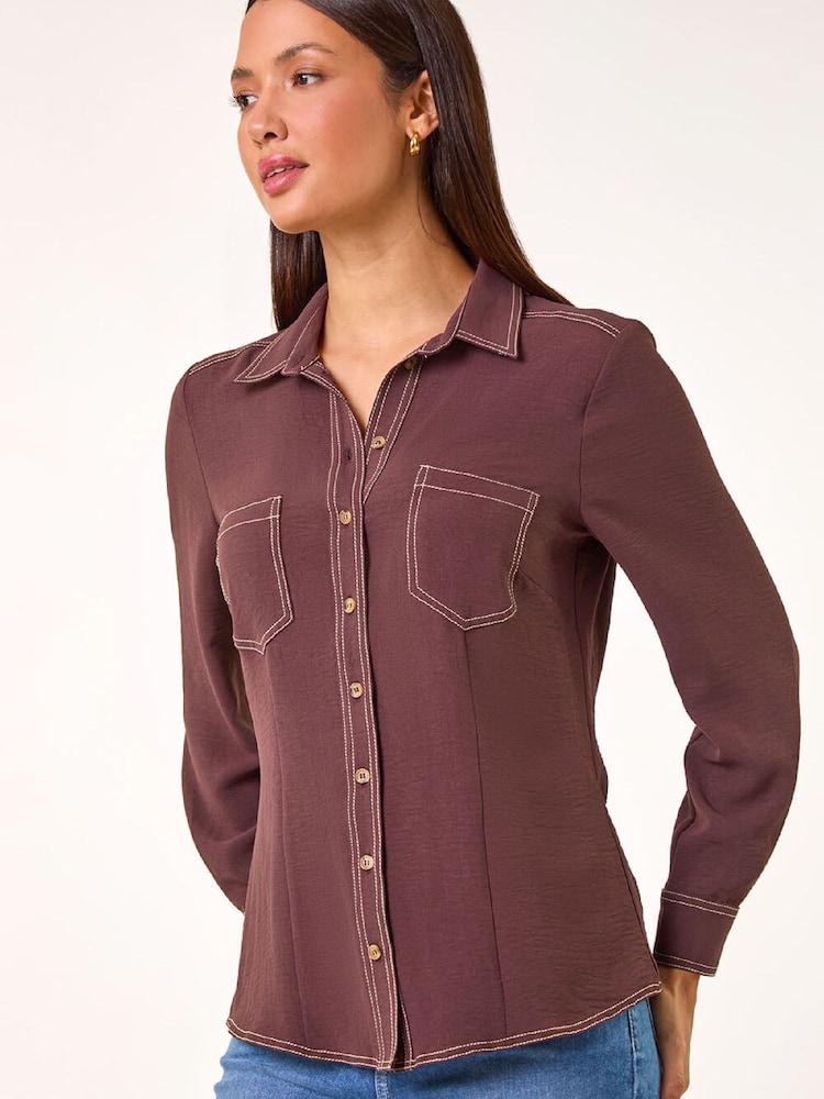 Roman Brown Button Up Pocket Detail Collar Shirt - Image 1 of 5 Roman Brown Button Up Pocket Detail Collar Shirt - Image 1 of 5
