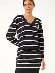 Roman Black Stripe Print Knitted Jumper Dress - Image 1 of 5