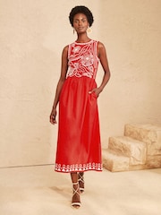 Love & Roses Red Beaded Woven Skirt Jersey Midi Dress - Image 1 of 4