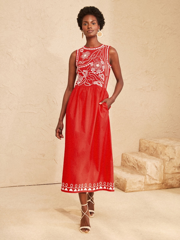 Love & Roses Red Beaded Woven Skirt Jersey Midi Dress - Image 1 of 4