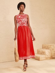 Love & Roses Red Beaded Woven Skirt Jersey Midi Dress - Image 3 of 4