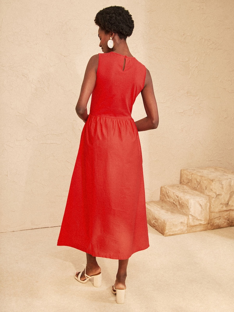 Love & Roses Red Beaded Woven Skirt Jersey Midi Dress - Image 4 of 4