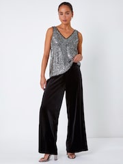 Roman Black Petite Wide Leg Velvet Stretch Trousers - Image 2 of 5