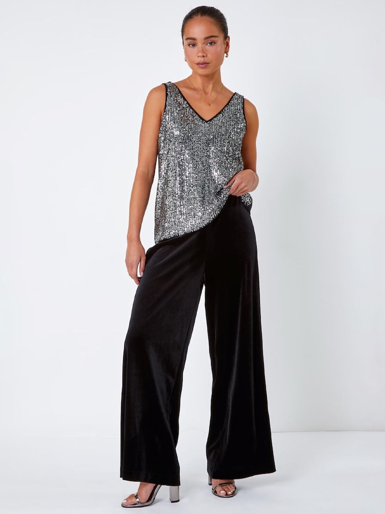 Roman Black Petite Wide Leg Velvet Stretch Trousers - Image 2 of 5 Roman Black Petite Wide Leg Velvet Stretch Trousers - Image 2 of 5