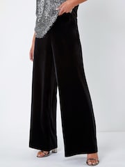 Roman Black Petite Wide Leg Velvet Stretch Trousers - Image 3 of 5