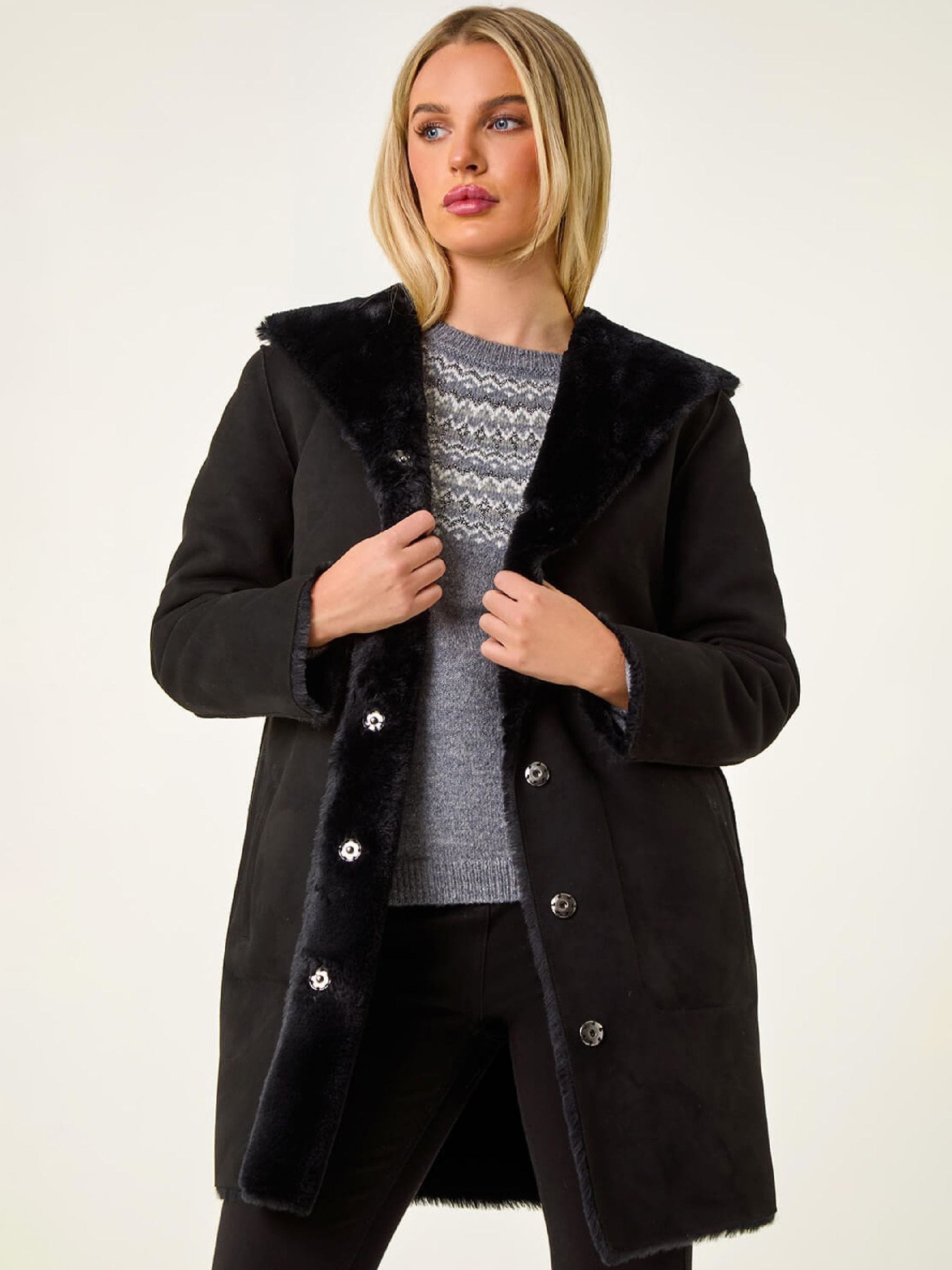 Buy Roman Black Reversible Faux Sheepskin Coat from the Next UK