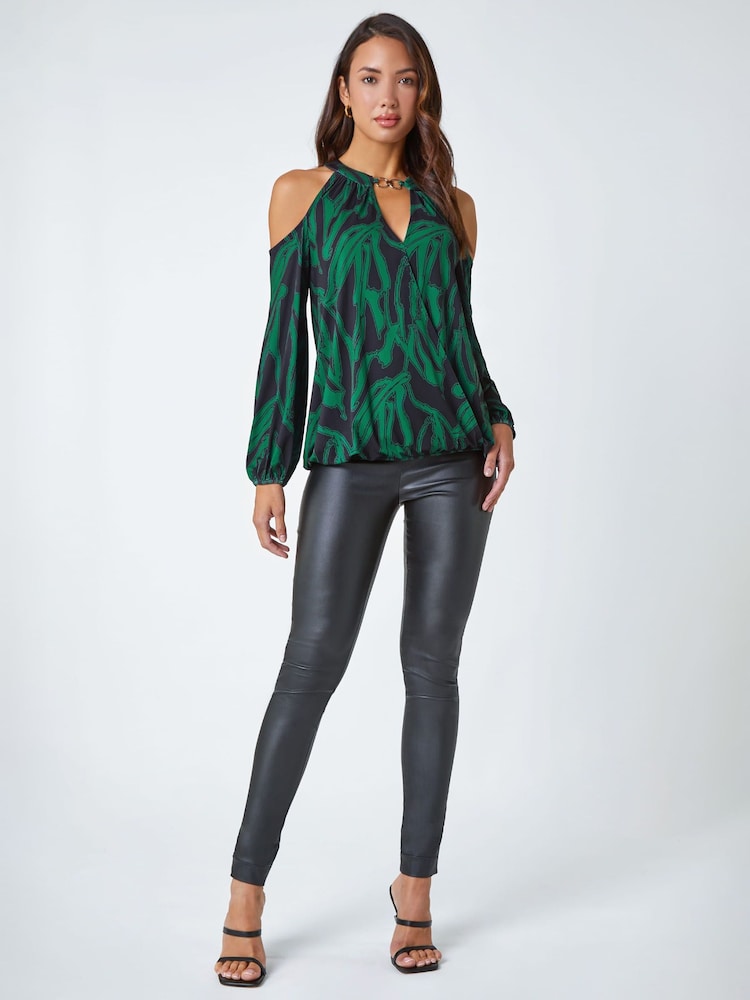 Roman Green Abstract Print Cold Shoulder Stretch Shirt - Image 2 of 5 Roman Green Abstract Print Cold Shoulder Stretch Shirt - Image 2 of 5